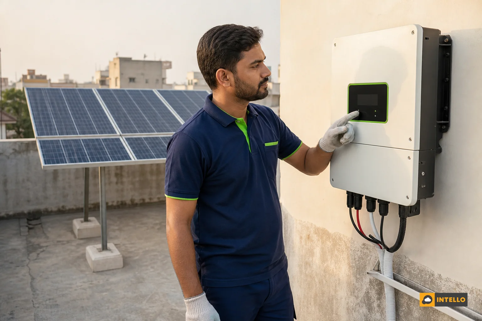 A residential rooftop solar installation in India with inverter unit visible on a wall, technician inspecting it. photorealistic photo of an Indian residential rooftop with solar panels in the background and a wall-mounted string solar