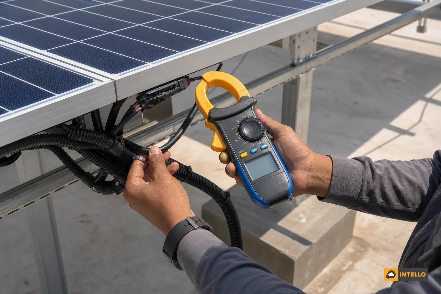 Close-up of DC clamp meter testing solar string current during shading test. Photorealistic close-up photo of a technician's hands using a DC clamp meter on solar panel wiring at a rooftop installation, measuring string current, with a