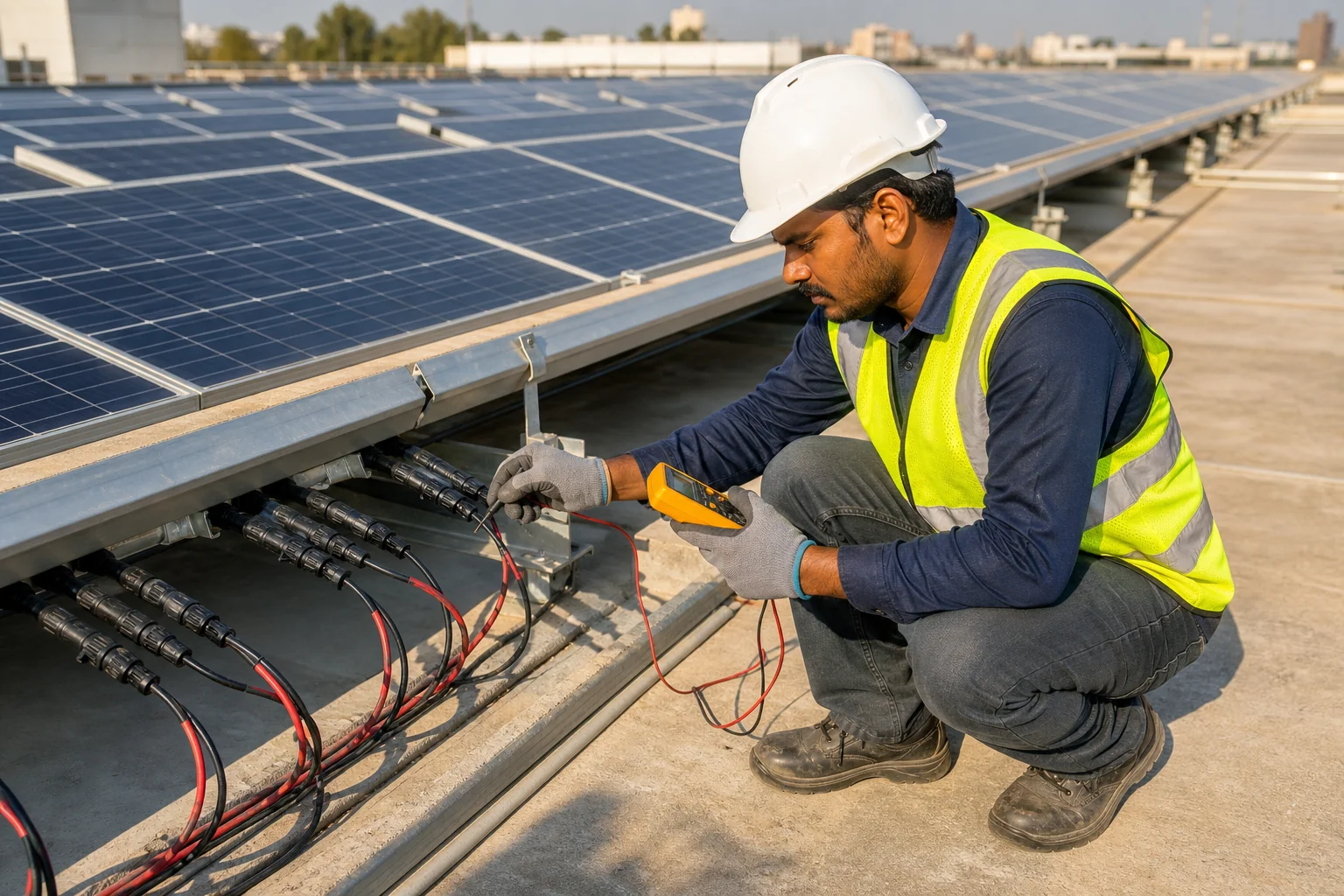 Solar technician inspecting string-level connectors on a commercial rooftop solar installation in India