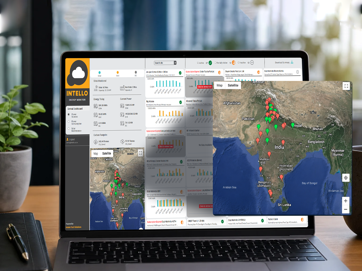 Multi-site solar portfolio management dashboard showing geographic map of solar installations across India