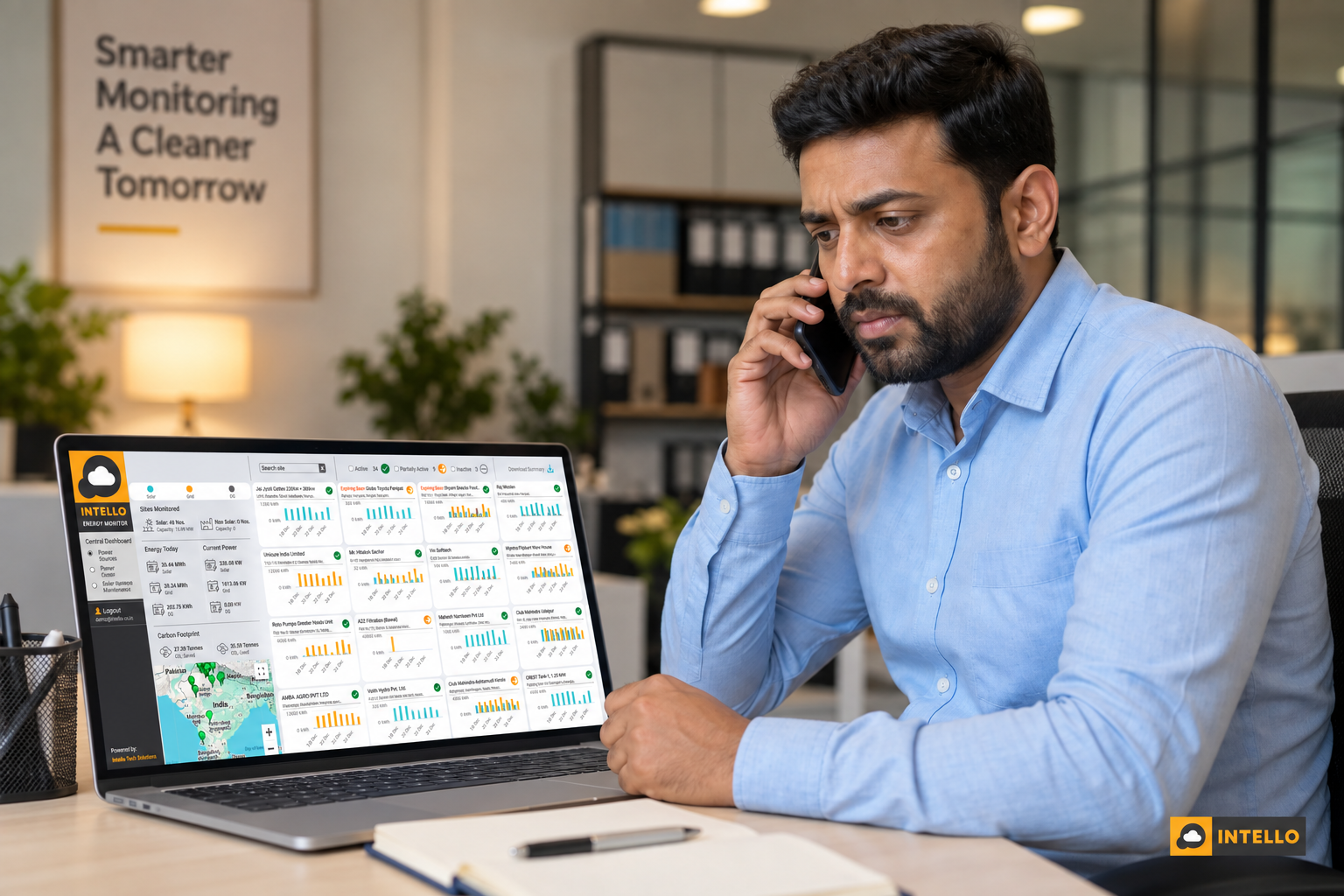 Split scene showing a frustrated facility manager on a phone call next to a solar monitoring dashboard on a laptop screen. Photorealistic photo of an Indian facility manager in an office looking concerned while on a phone call, laptop open