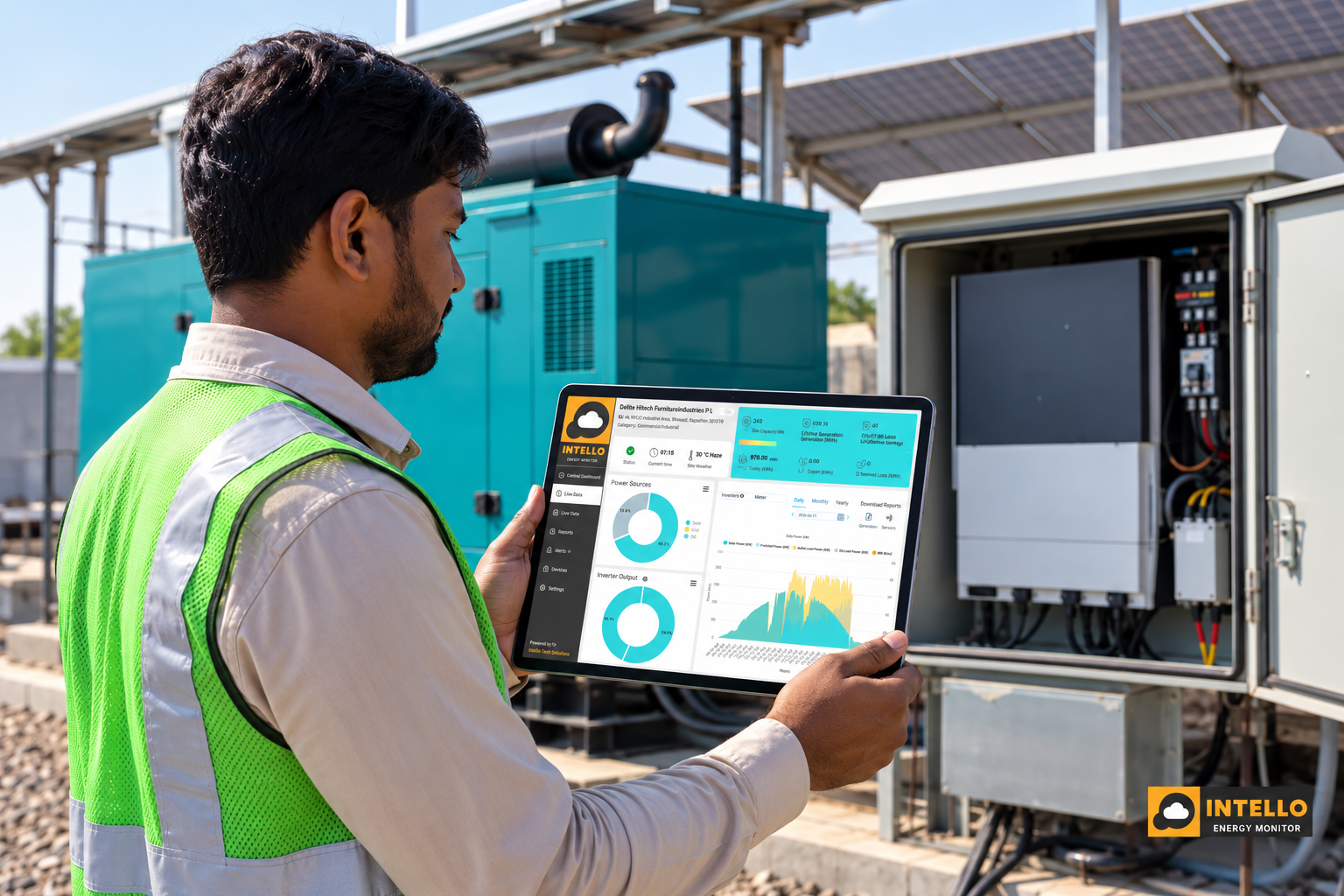 Solar O&M technician using a tablet with a checklist app while standing near a diesel generator and inverter setup outdoors. Photorealistic photo of a solar maintenance technician holding a tablet displaying a maintenance checklist app