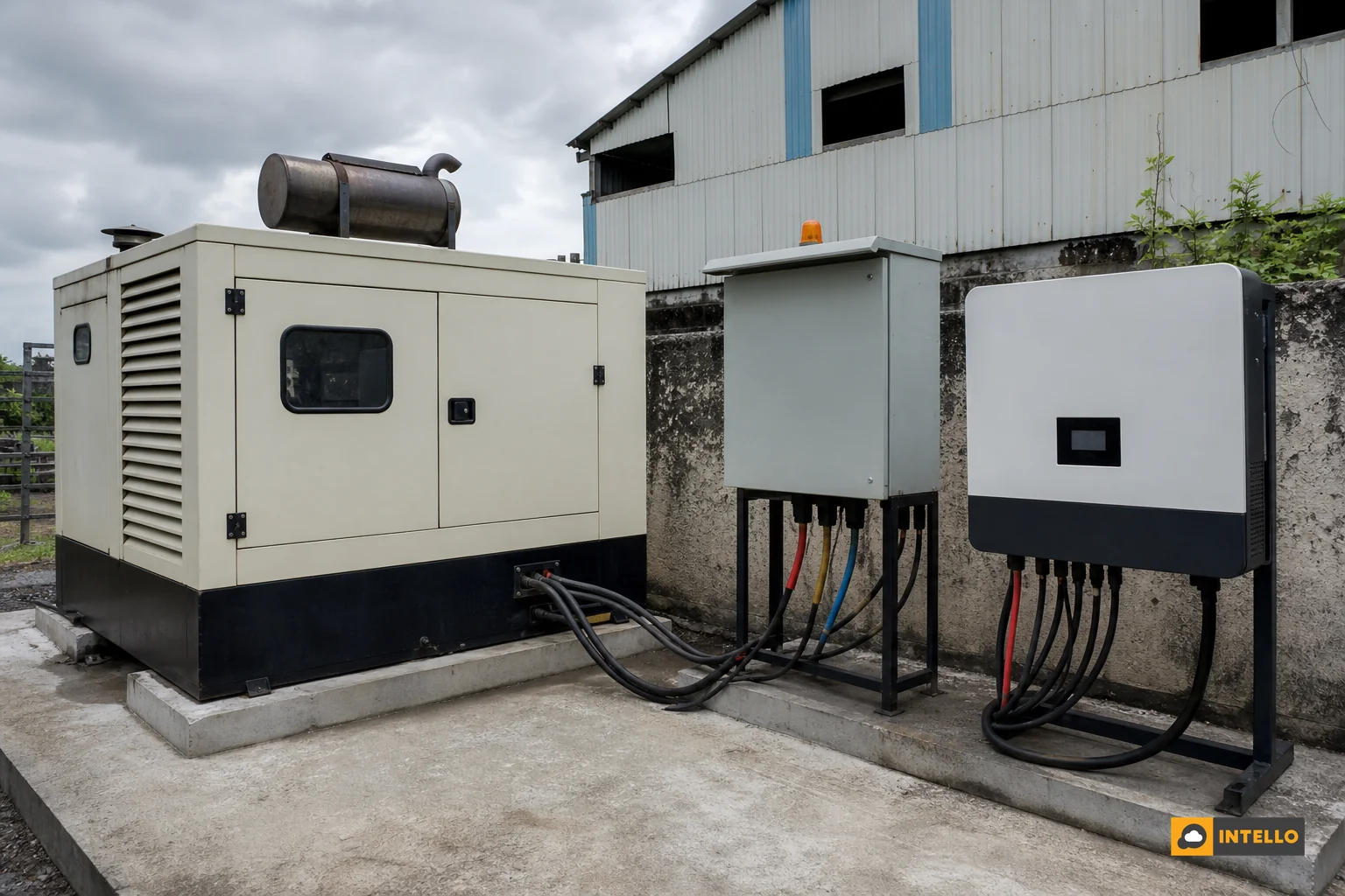 Diesel generator and solar inverter installed side by side at an Indian factory with visible cabling. Photorealistic photo of a diesel generator set and a solar string inverter installed side by side in an industrial yard in India, thick