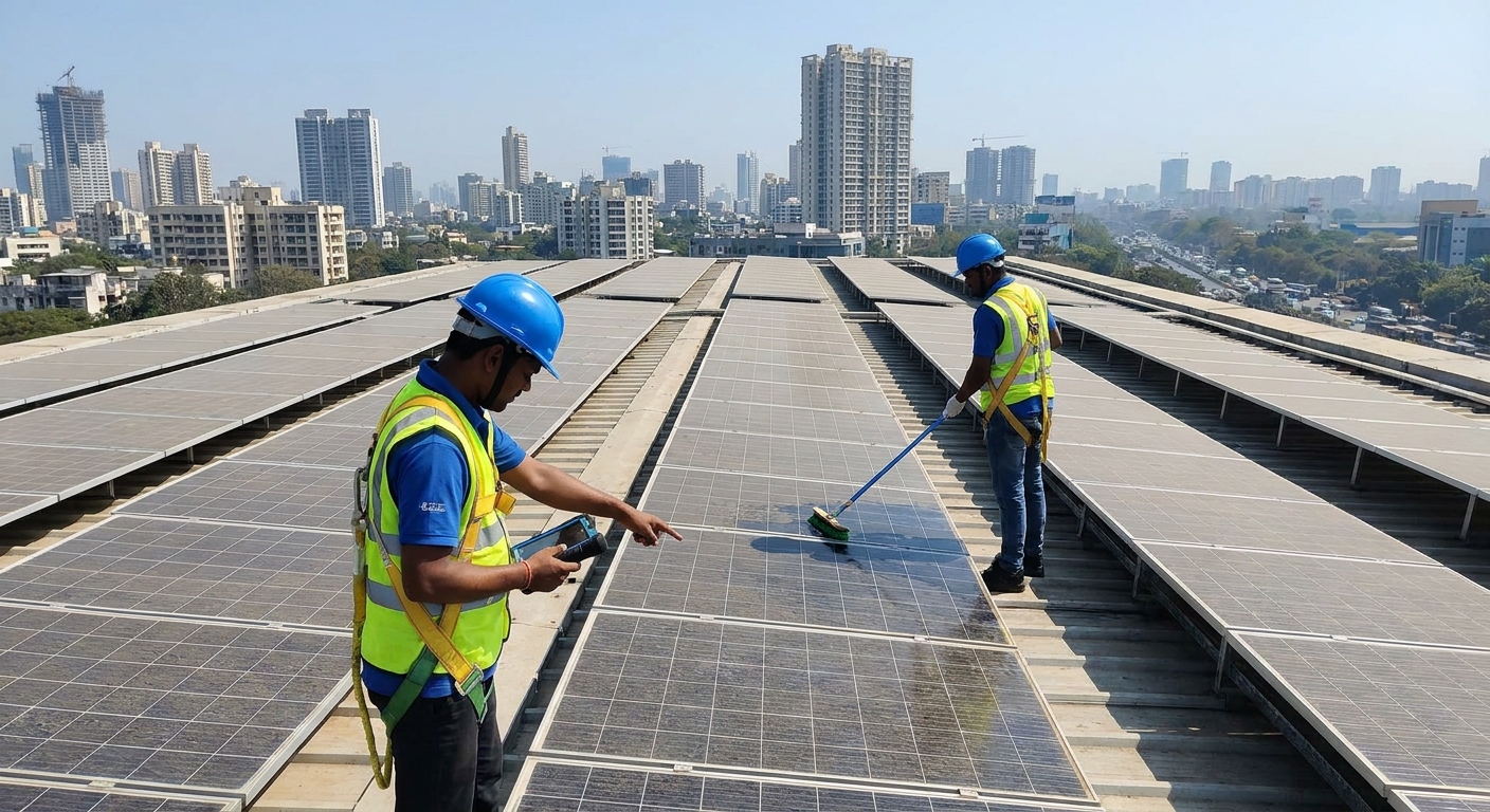 Solar maintenance technicians inspecting solar panels on commercial rooftop in India