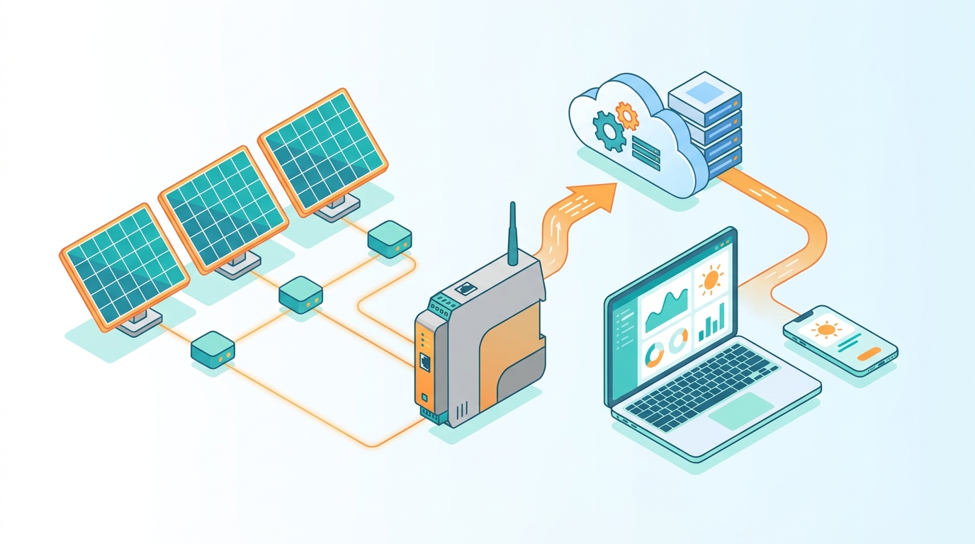 Solar monitoring system architecture showing IoT sensors, RTU, cloud dashboard, and mobile app integration