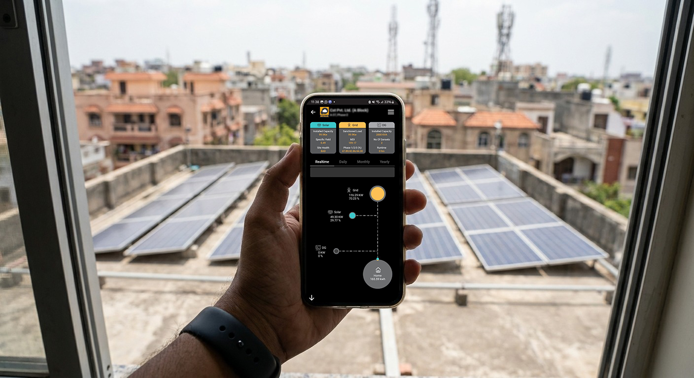 Solar monitoring mobile app showing real-time energy data and alerts on smartphone