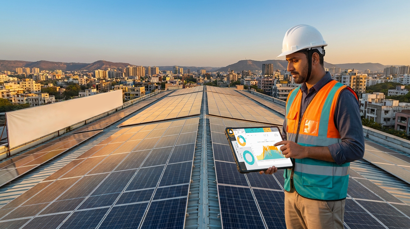 Solar monitoring dashboard displayed on tablet with solar panels in background