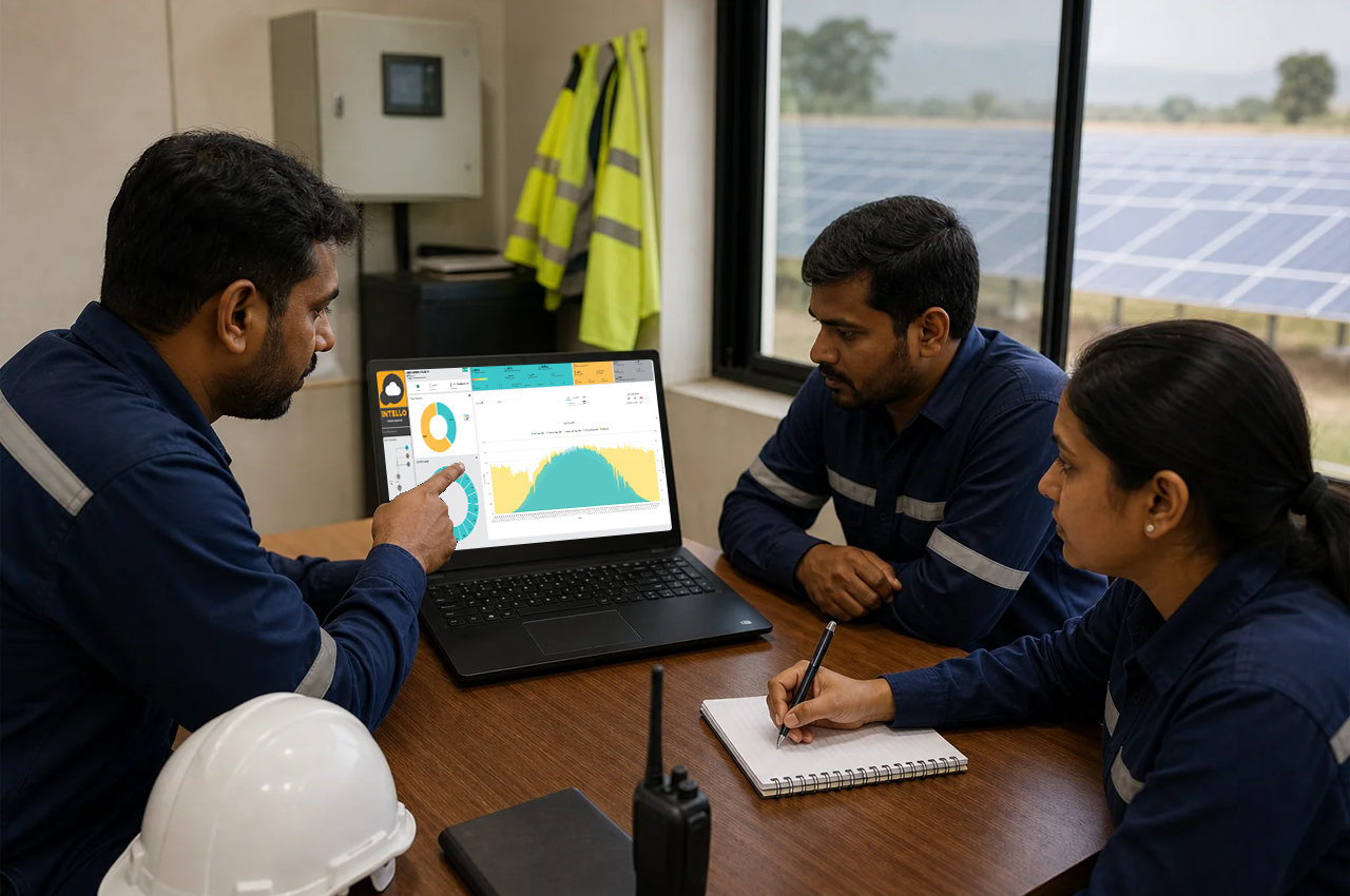Team of solar O&M professionals reviewing performance data on a laptop or dashboard at a ground-mounted site office. photorealistic photograph of a small team of Indian solar operations and maintenance professionals in a site office or