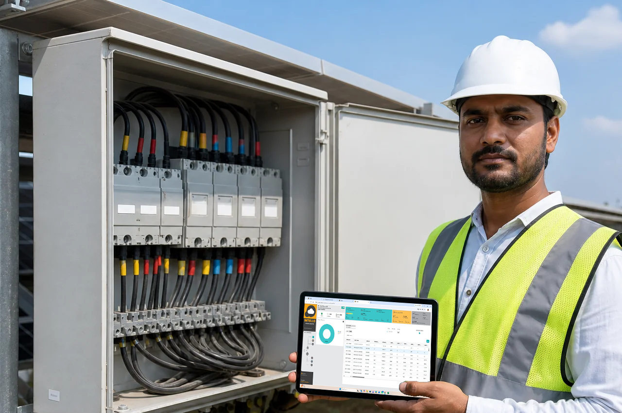 Technician using a handheld device or tablet showing monitoring dashboard data near a combiner box at a ground-mounted plant. photorealistic photograph of a solar O&M technician standing beside a combiner box at a ground-mounted solar