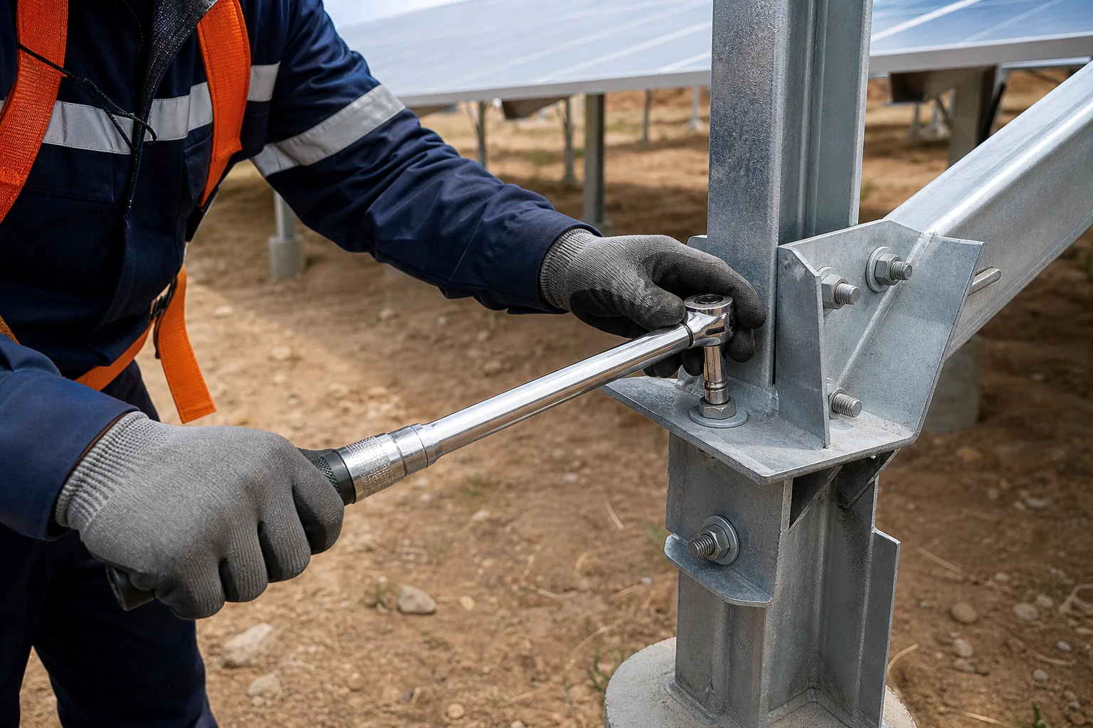 Close-up of a technician inspecting and torquing bolts on a ground-mount steel racking structure. photorealistic close-up photograph of a solar technician's gloved hands using a torque wrench on a galvanized steel mounting structure bolt at
