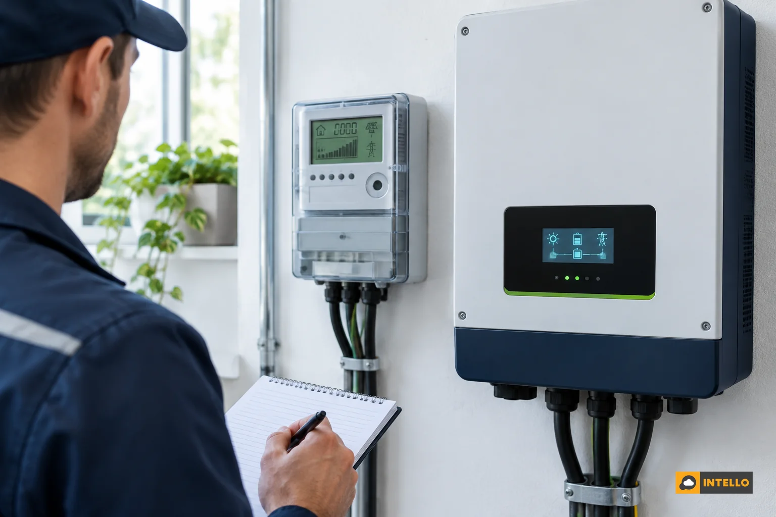Dedicated solar generation meter beside a string inverter display showing daily energy in kilowatt-hours