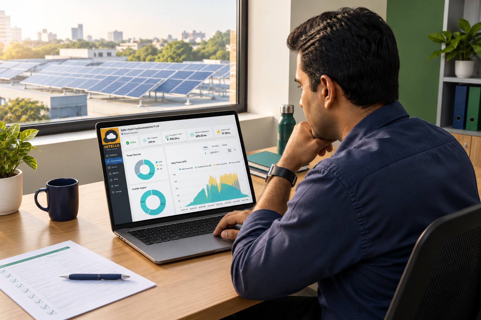 Facility manager reviewing a solar monitoring dashboard on a laptop beside a printed checklist