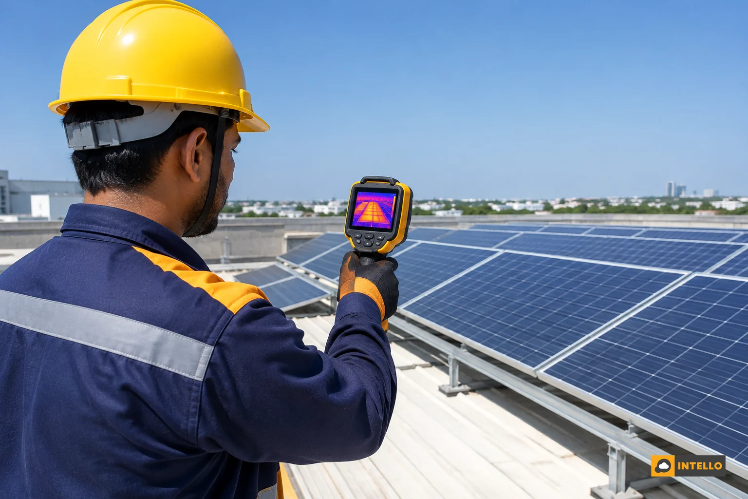 Technician using a thermal imaging camera to scan solar panels for hotspots on a rooftop plant