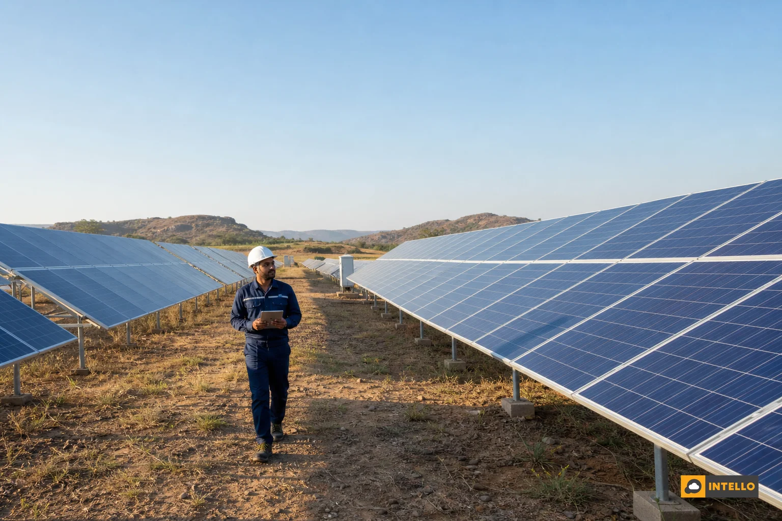 Wide shot of a commercial ground-mounted solar plant in India with a maintenance technician inspecting panels. Photorealistic wide-angle photo of a large commercial ground-mounted solar power plant in rural Maharashtra, India, rows of solar