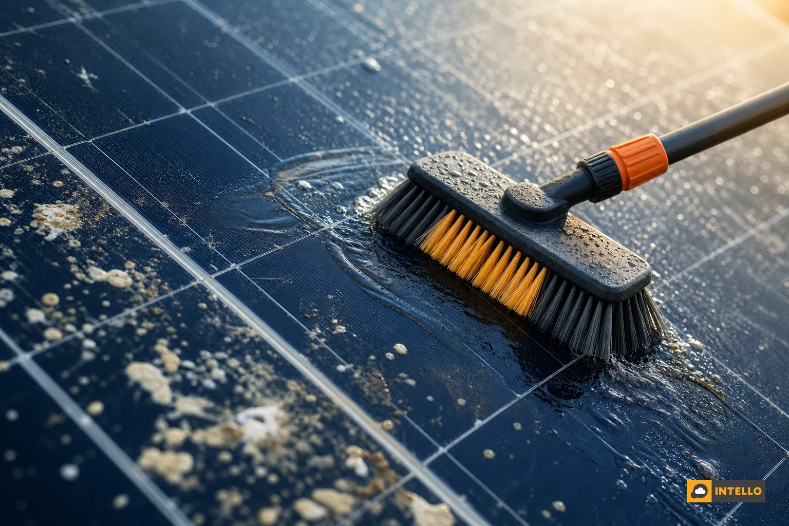 Technician wet-cleaning solar panels with soft brush and water. photorealistic photo of a solar maintenance technician wearing gloves and a navy blue branded uniform gently wet-cleaning a rooftop solar panel using a soft-bristle brush and a