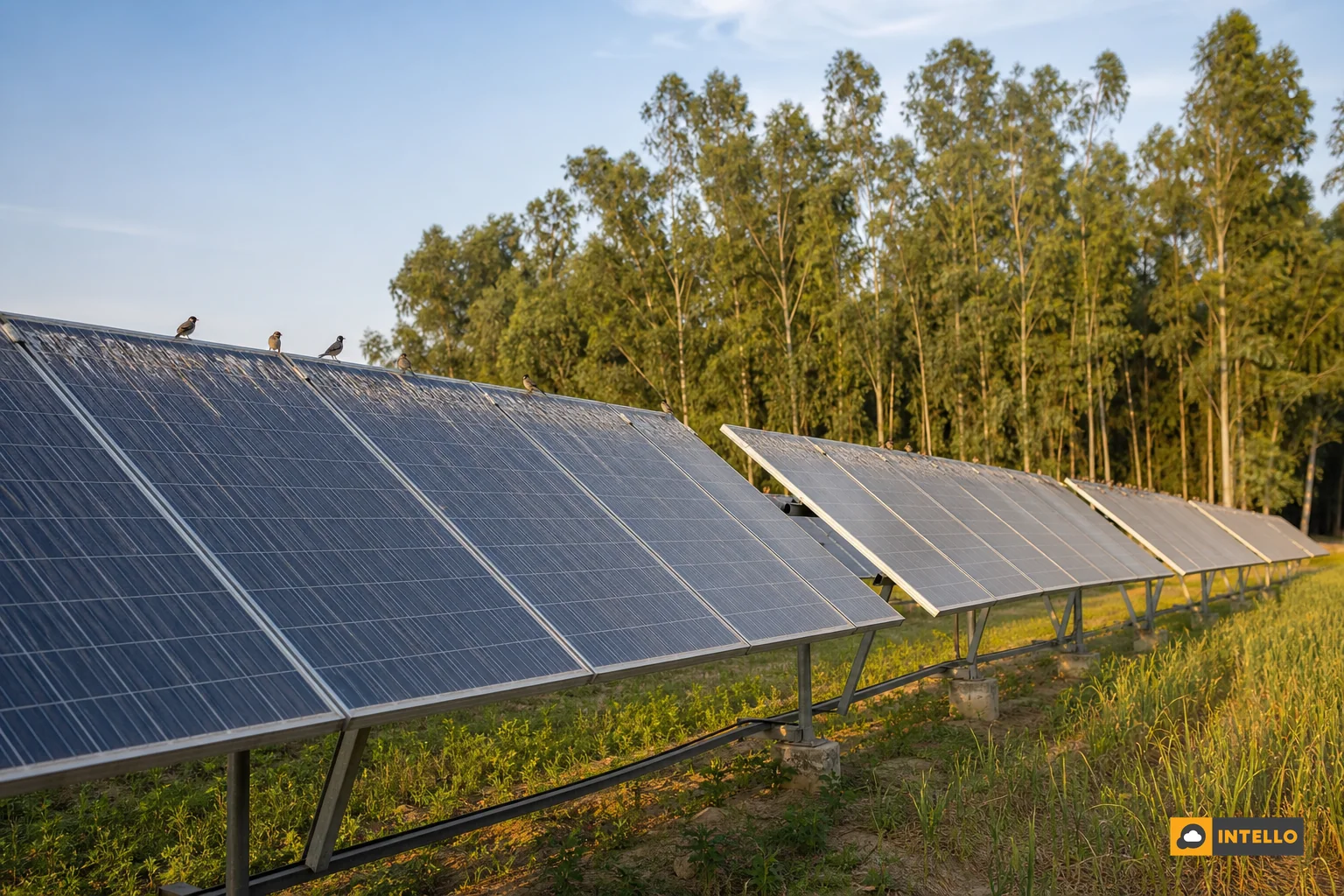 Ground-mounted solar farm near trees with birds perching on module frames. photorealistic photo of a large ground-mounted solar farm in rural India bordered by tall trees, several birds perched along the top ridge line of solar module rows