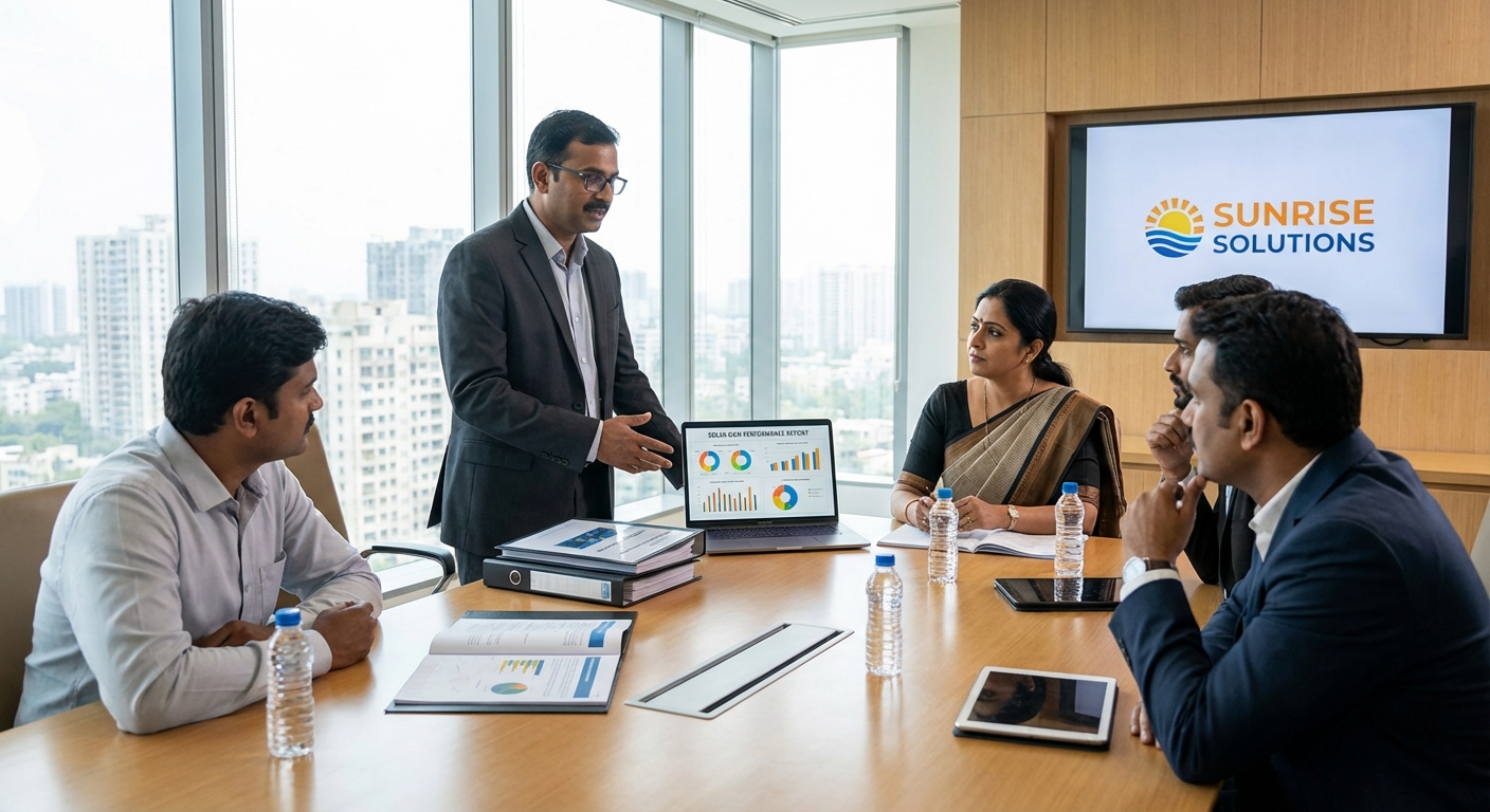 Professional consultation between solar O&M provider and commercial client reviewing performance data