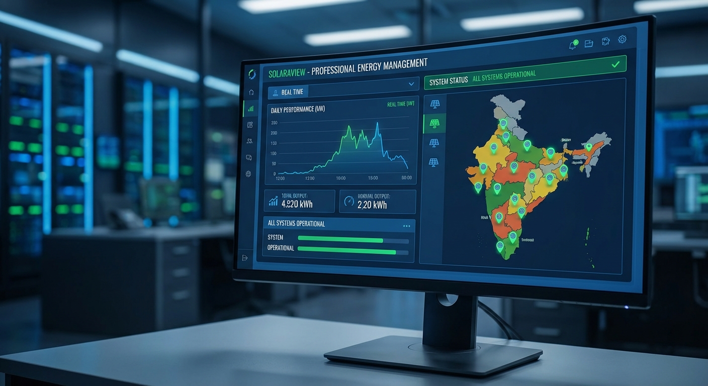 Solar monitoring dashboard showing real-time performance metrics and system status for Indian installations