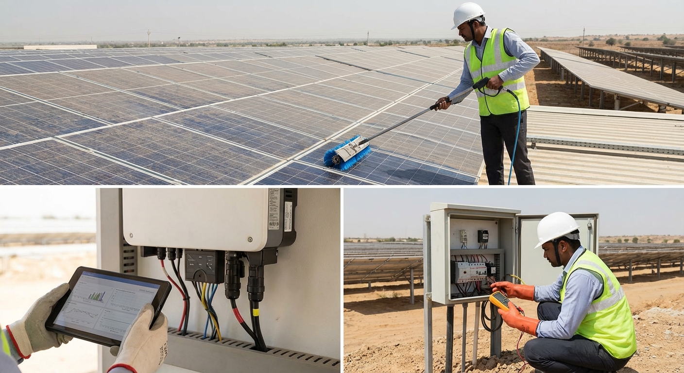 Solar maintenance technician performing panel cleaning and inverter inspection in India