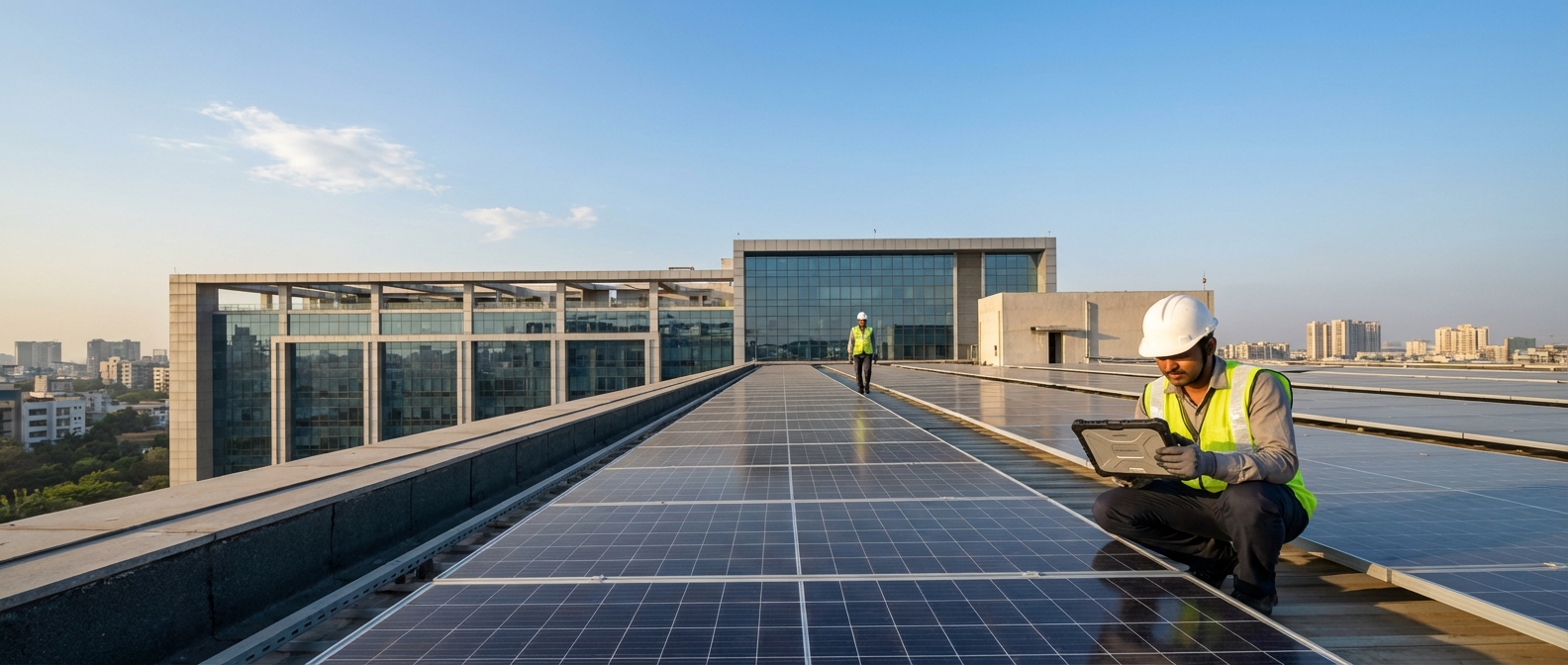 Solar O&M India technician inspecting commercial rooftop solar installation