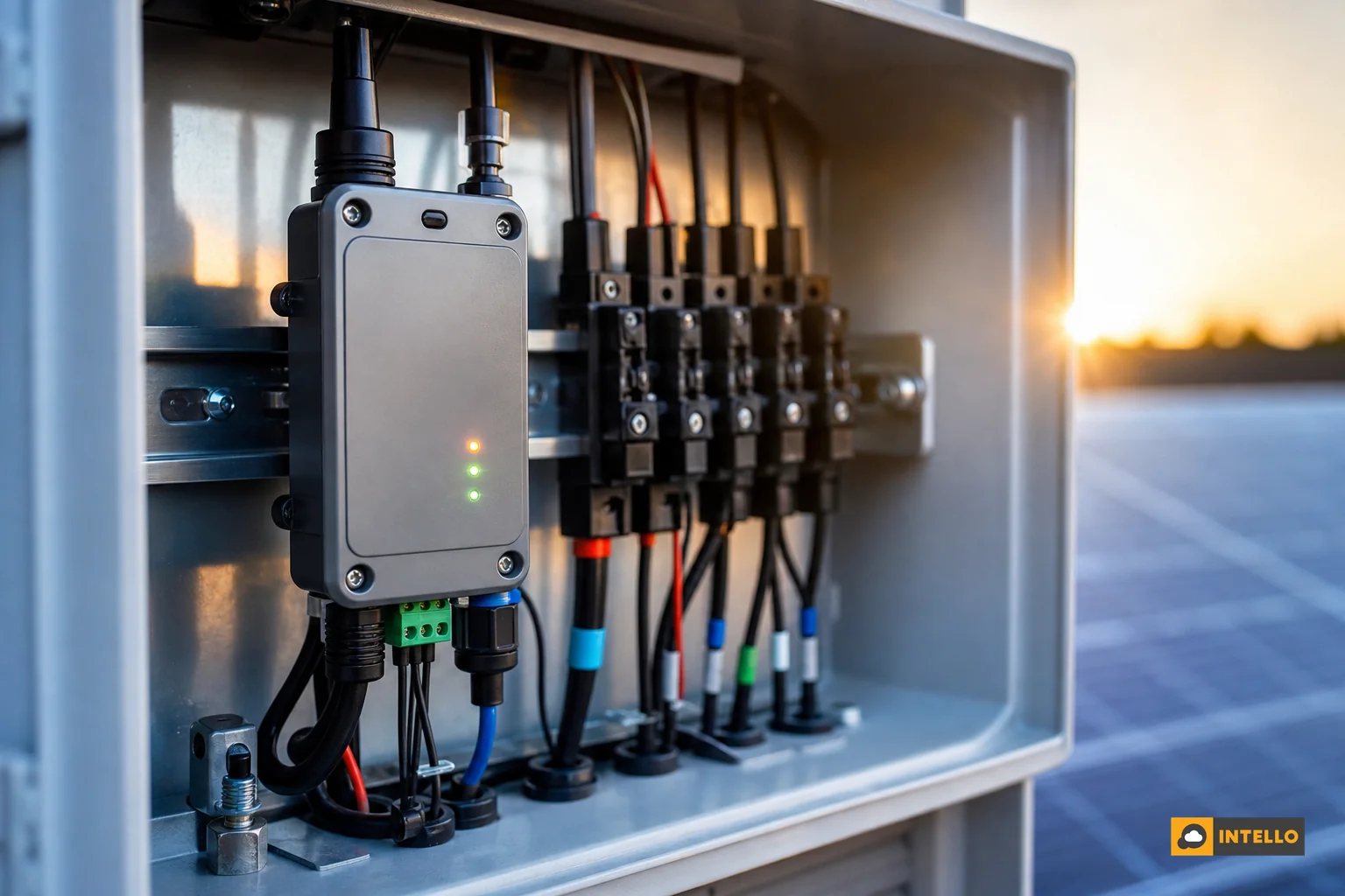 Close-up of solar string wiring and a small IoT sensor/RTU device mounted near a combiner box. Photorealistic close-up photo of a compact IoT sensor and RTU device mounted inside an open combiner box on a solar farm, with visible string