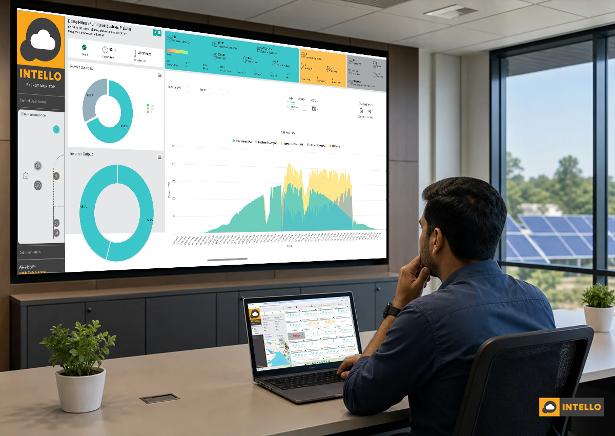 Control room or office setting with a large monitor showing a centralized solar monitoring dashboard tracking multiple sites. Photorealistic photo of a modern control room in India with a large wall-mounted monitor displaying a centralized