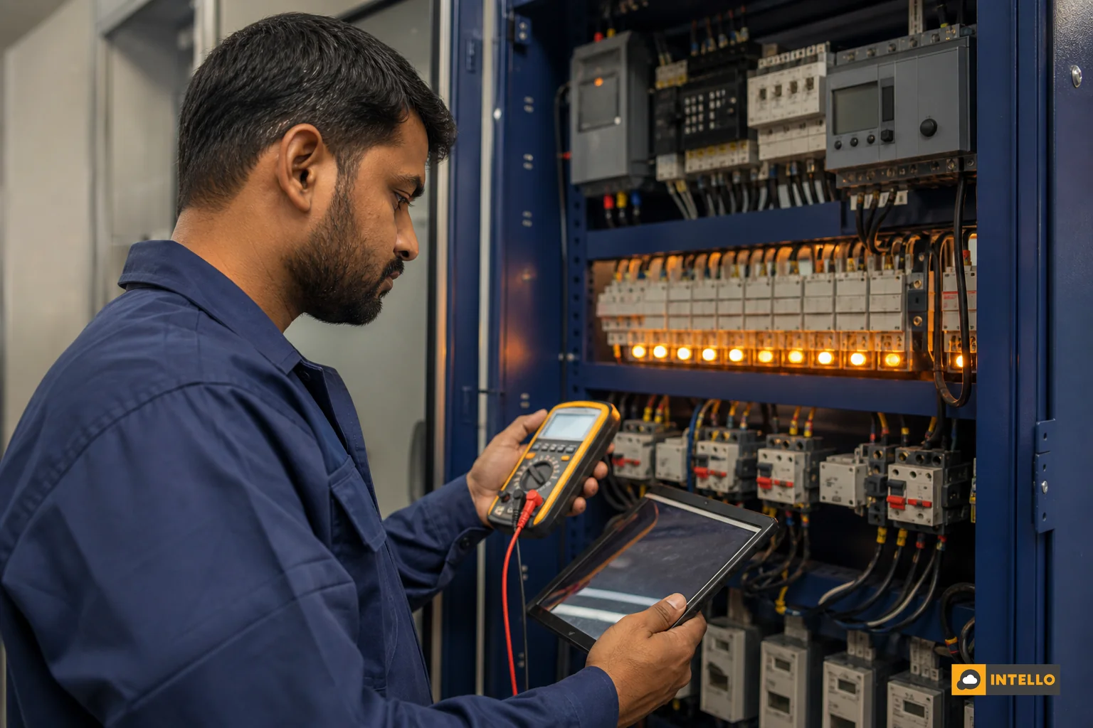 Technician performing preventive maintenance checks on synchronization control panel. photorealistic close-up photo of an Indian male electrical technician in blue coveralls using a handheld multimeter and tablet to test a synchronization