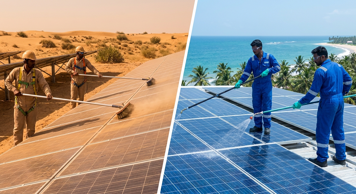 Solar panel cleaning methods comparison for desert and coastal climate zones in India