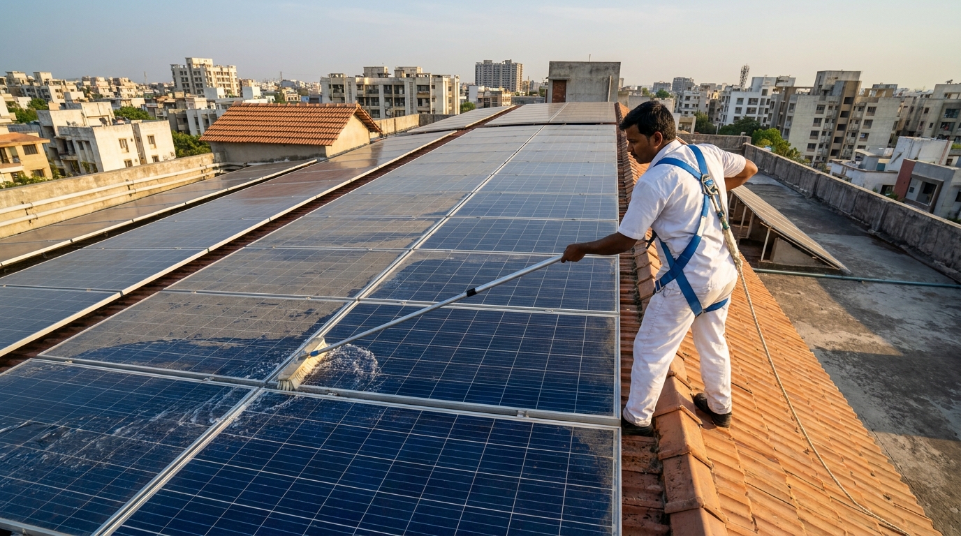 Professional solar cleaning India technician cleaning commercial rooftop solar panels