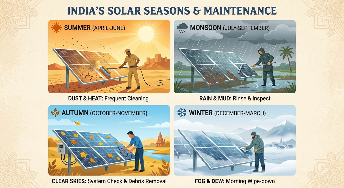 Seasonal solar cleaning India schedule showing summer, monsoon, post-monsoon and winter maintenance