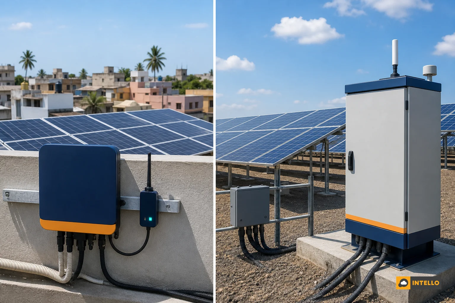 Split scene comparing a small home rooftop with a simple dongle setup versus a large commercial ground-mounted solar farm with a robust RTU monitoring cabinet. Photorealistic wide-angle photograph split into two halves: left side shows a