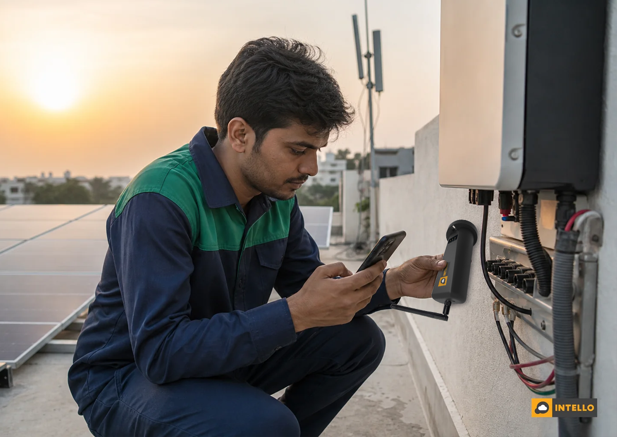 Field technician troubleshooting a Wi-Fi or SIM connectivity issue with a solar monitoring dongle on a rooftop installation. Photorealistic photograph of an Indian solar field technician in a branded uniform crouching near a rooftop solar