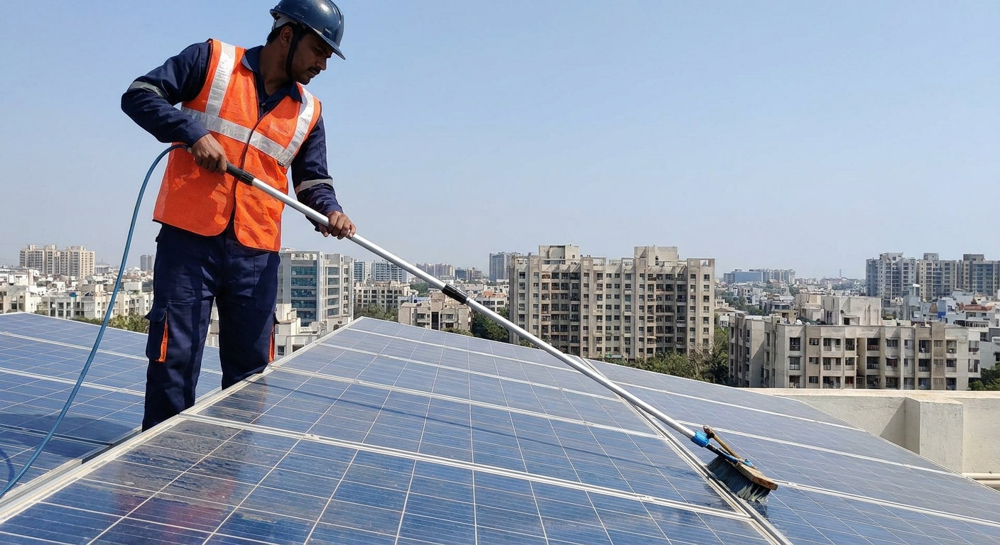 solar maintenance technician cleaning solar panels in India to restore solar performance and efficiency