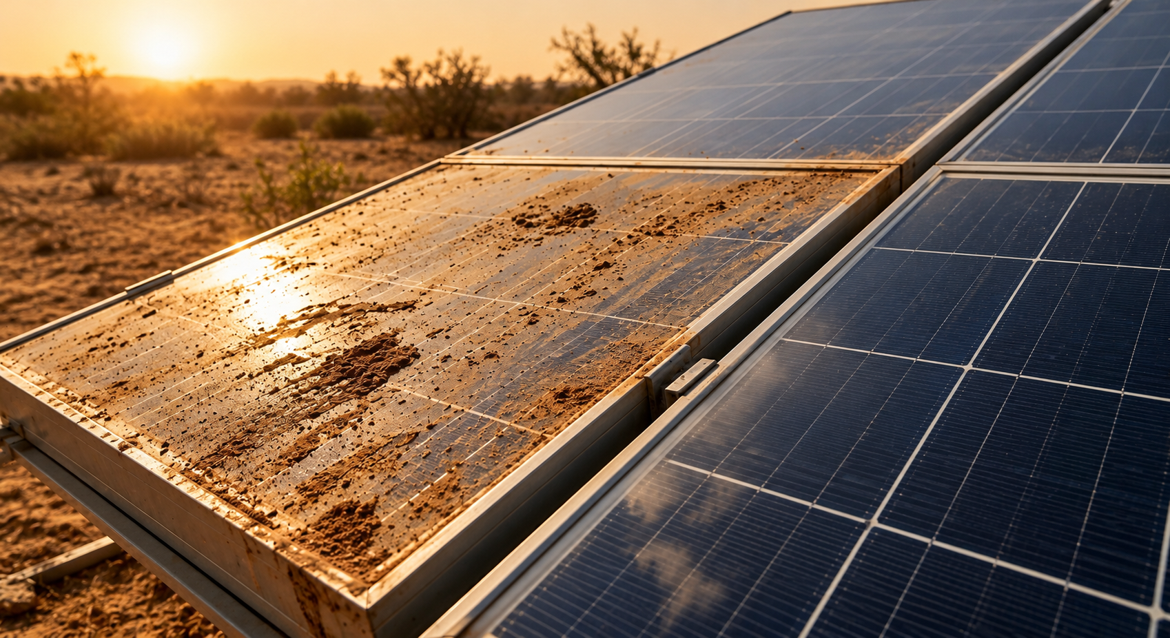 dusty solar panels showing soiling impact on solar performance and panel efficiency in India