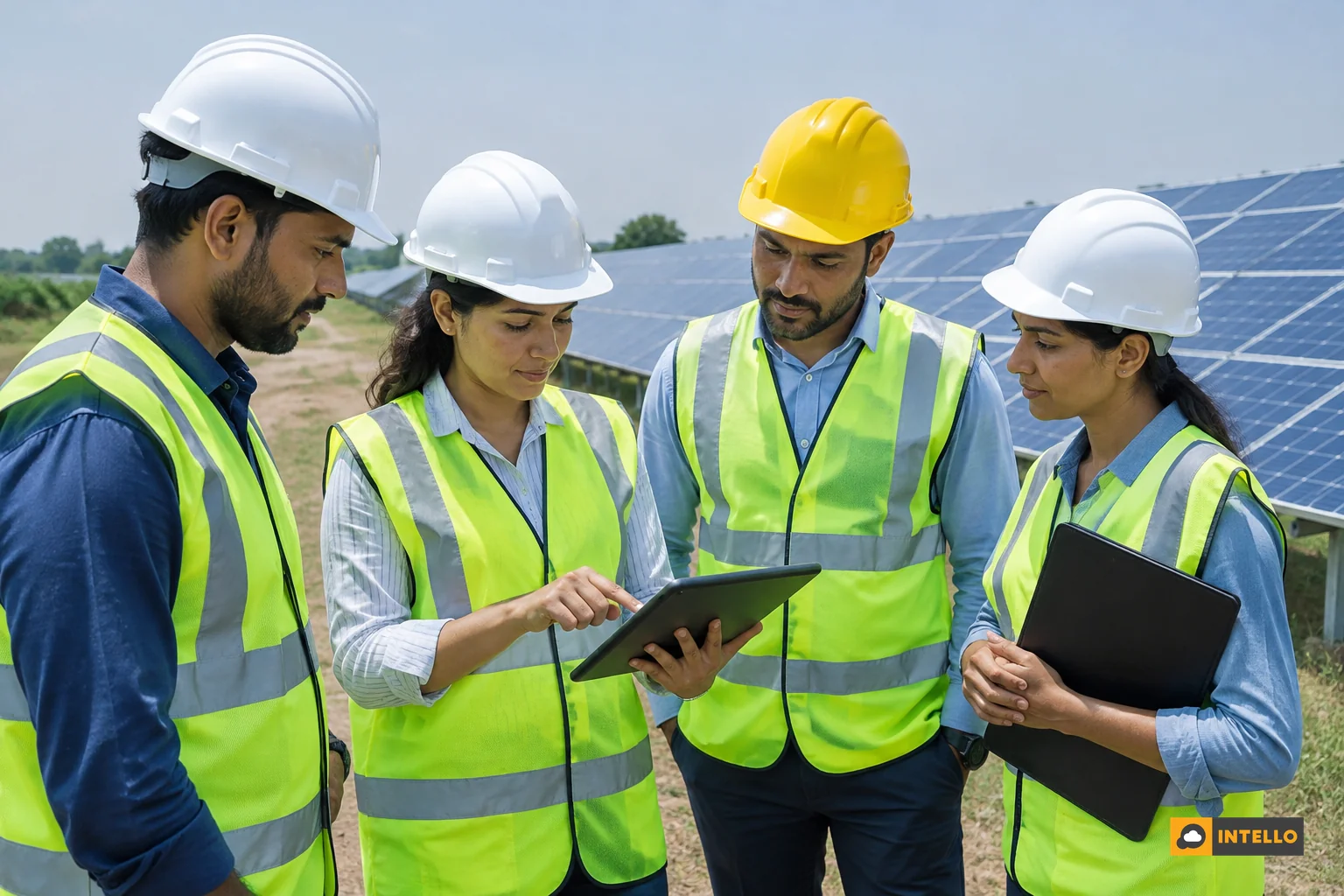 EPC and O&M teams reviewing a handover checklist together at a solar site