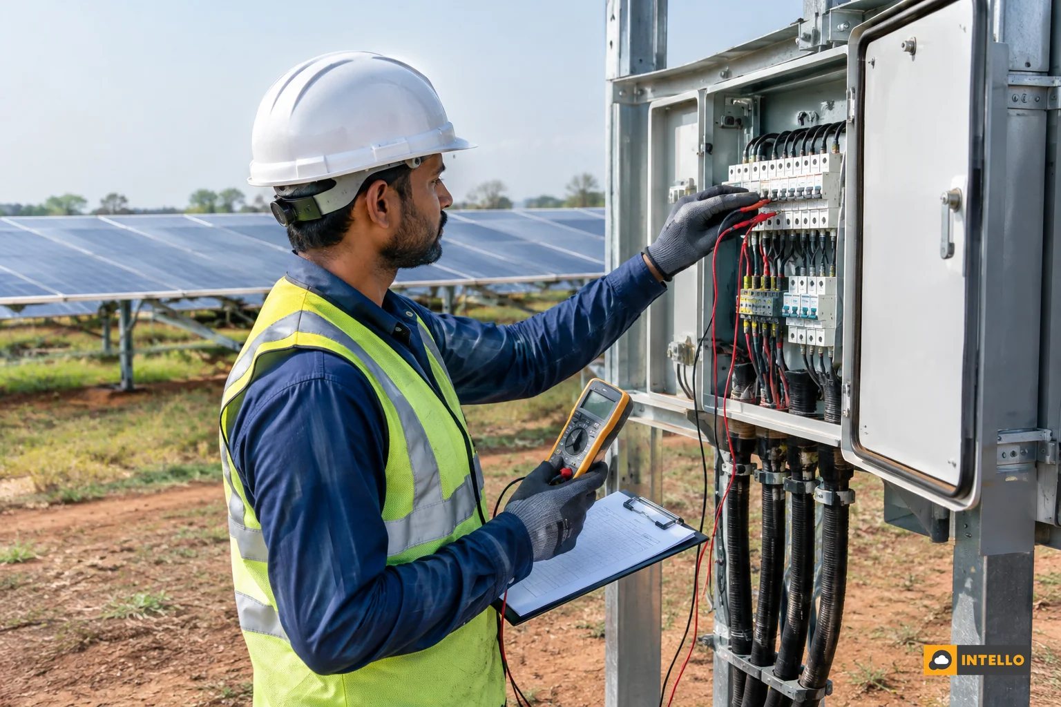Technician taking baseline string measurements with a multimeter at a solar inverter