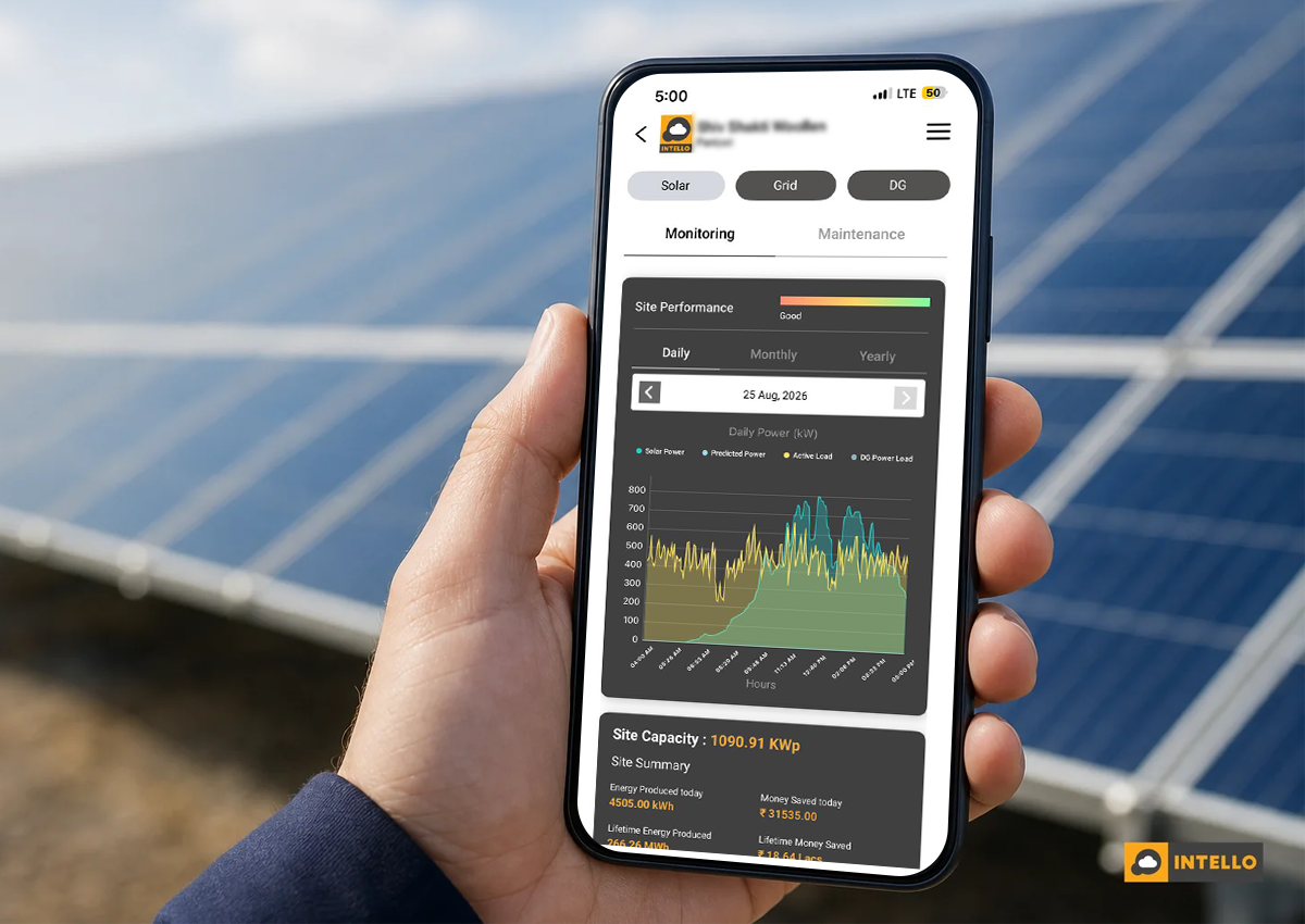 Close-up of a phone showing real-time alert notification for a solar fault. photorealistic close-up photo of a hand holding a smartphone displaying a solar monitoring app alert notification screen with amber warning accents, blurred solar