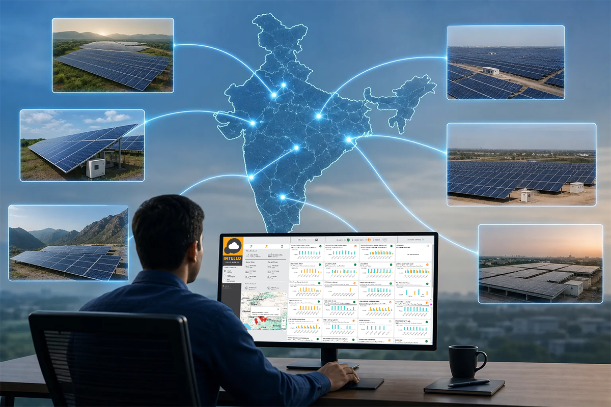 Control room style view of a multi-site solar dashboard on a laptop or large monitor. photorealistic photo of a solar operations control room with a large monitor displaying a multi-site solar performance dashboard with generation charts