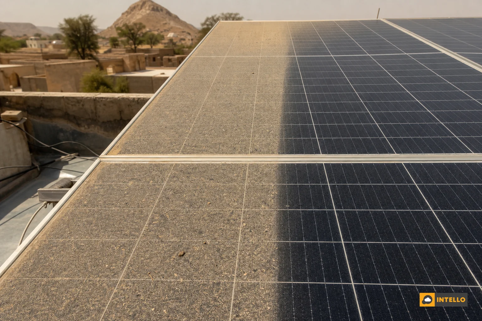 Dusty solar panels showing soiling buildup on a rooftop. Photorealistic close-up photograph of solar panels visibly covered in a layer of dust and grime on an Indian rooftop, contrasted with a partially cleaned section showing clear glass