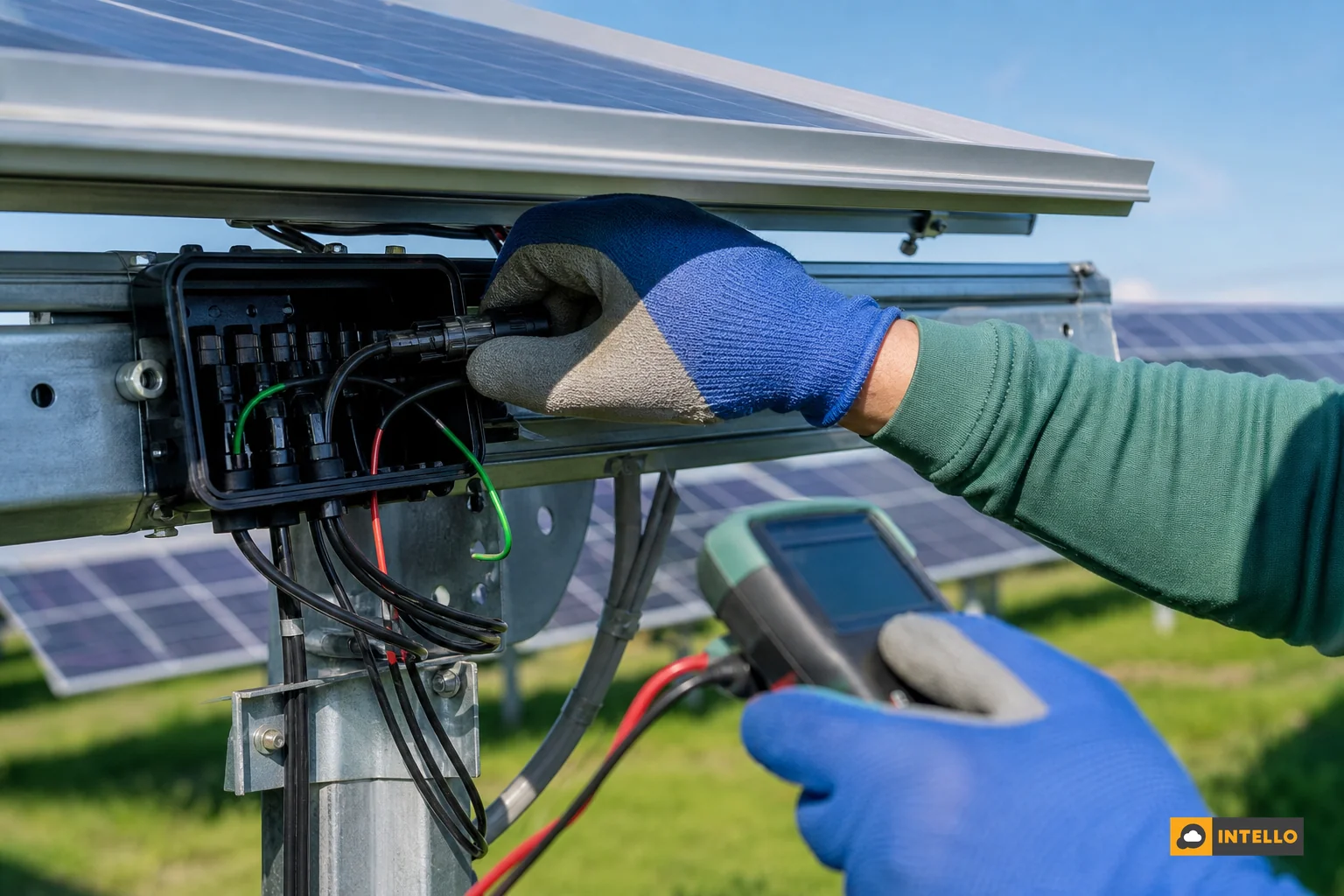 Close-up of solar string wiring and connectors being inspected by a technician. Photorealistic photograph of a solar maintenance technician's hands inspecting a junction box and string wiring connectors on a solar panel array, wearing