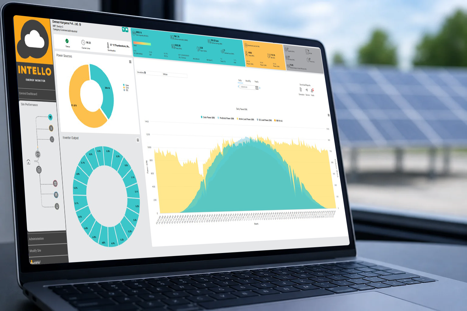 Solar monitoring dashboard showing string-level fault detection and performance graphs on a laptop screen