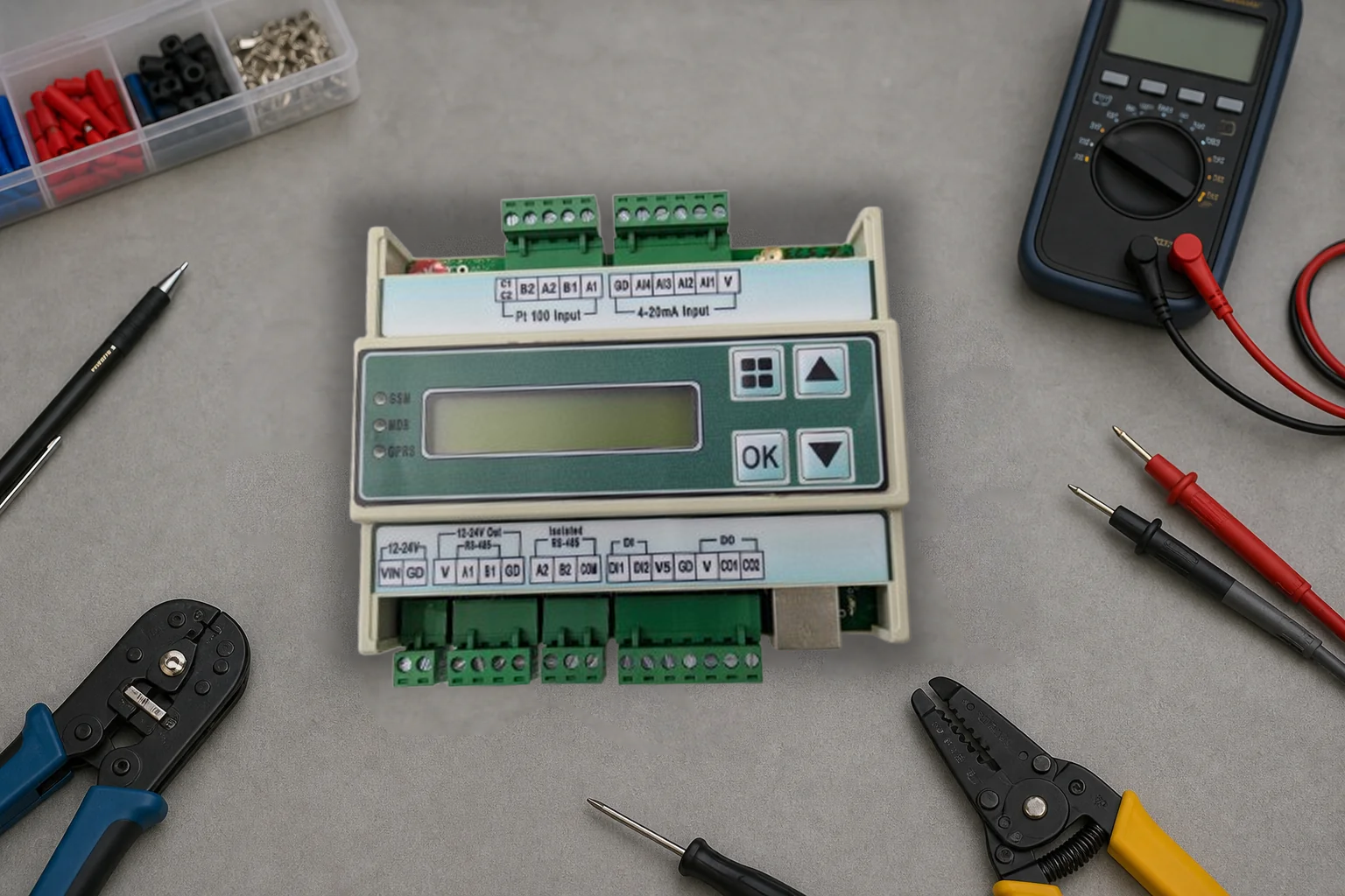 Engineer comparing an RTU and a standard datalogger side by side on a workbench