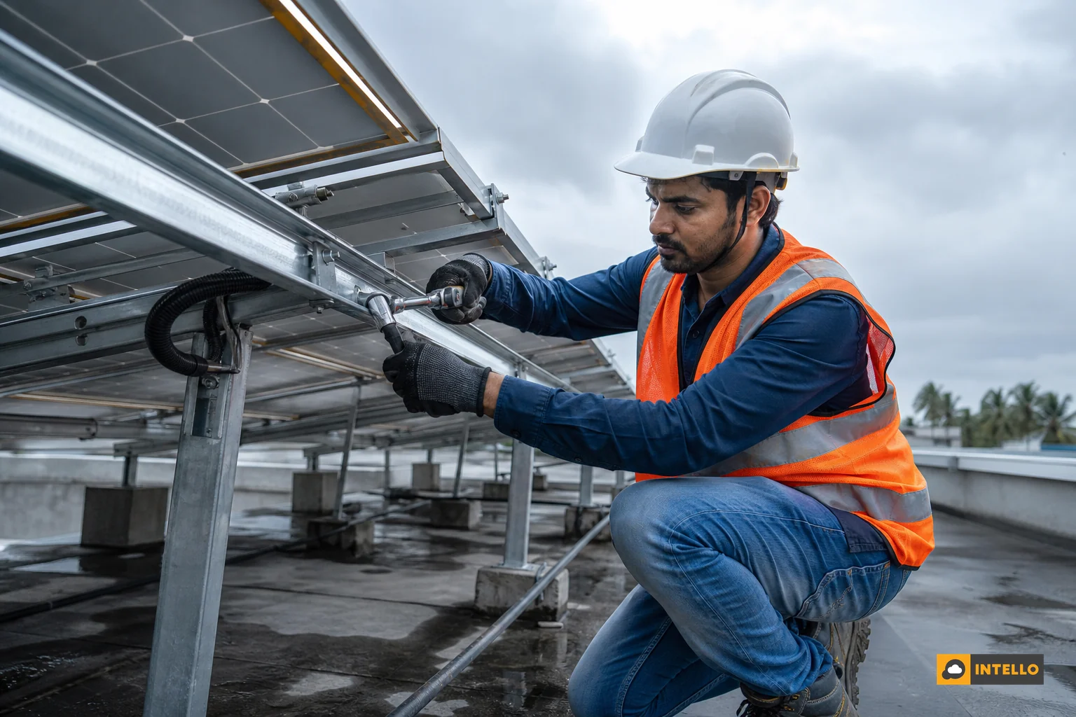 Photorealistic photo: a solar O&M field engineer wearing safety gloves and a hard hat, kneeling to inspect the mounting structure and cable connections beneath a row of rooftop solar panels in India, using a torque wrench, overcast