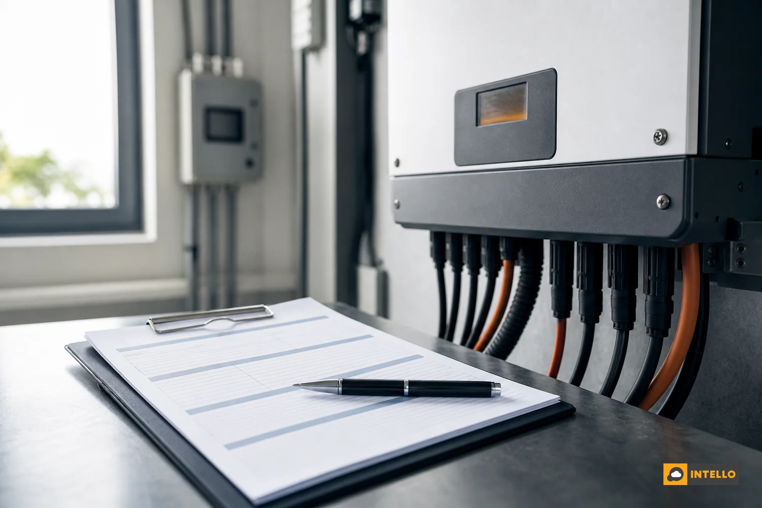 Close-up of a signed maintenance contract with a pen, next to a solar inverter unit. Photorealistic photo: close-up shot of a printed maintenance contract document on a clipboard with a pen resting on it, placed on a metal table beside a