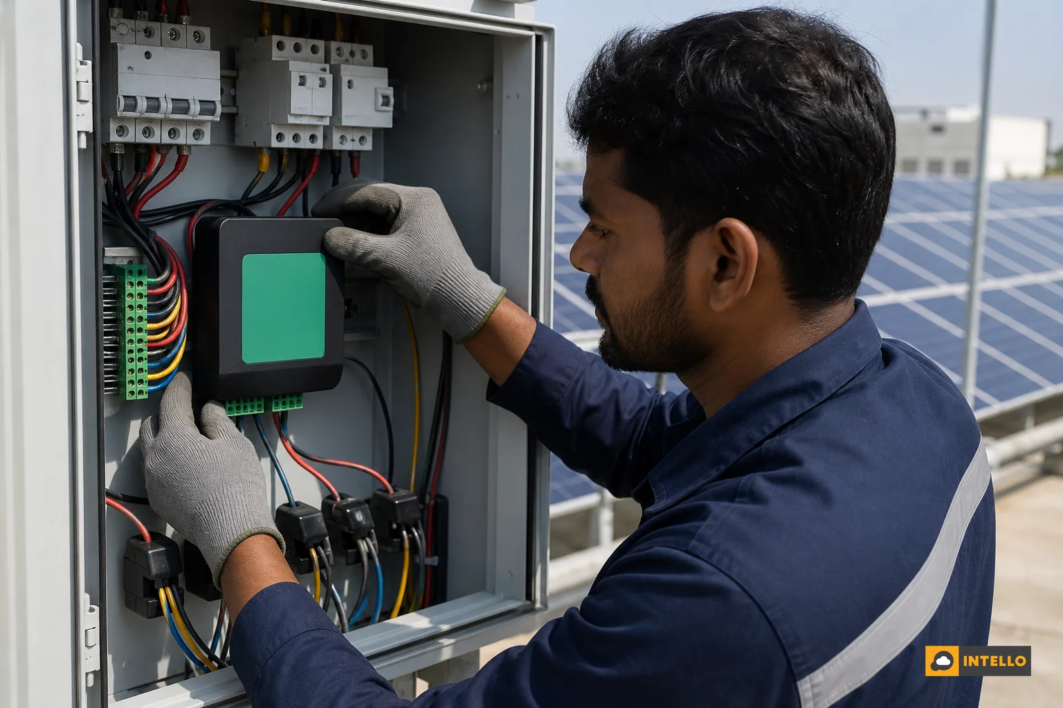 Technician installing a zero export current transformer device at a commercial solar site's grid connection panel. Photorealistic photo of an Indian male solar technician in a navy blue uniform installing a current transformer based zero