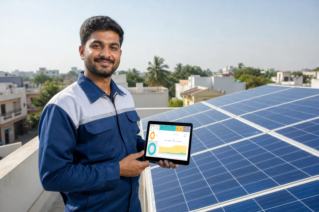 Solar O&M engineer viewing a monitoring dashboard on tablet at a solar site. Photorealistic photo of a solar O&M engineer standing on a rooftop solar installation in India holding a tablet displaying a performance monitoring dashboard with