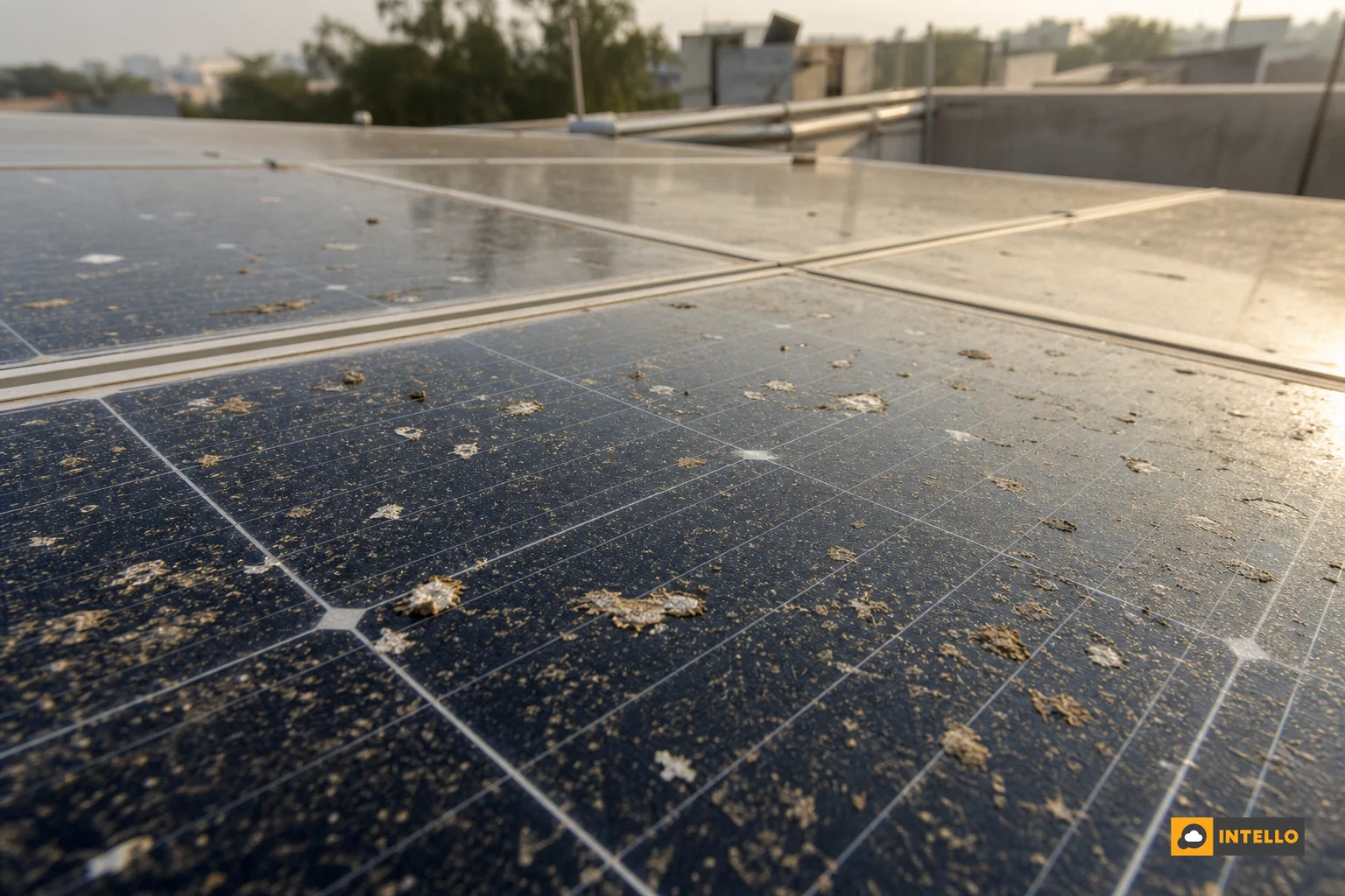 Close-up of bird droppings and dust patches on a solar panel surface. Photorealistic close-up photo of a solar panel surface with scattered bird droppings, dust patches, and pollen residue, morning light, shallow depth of field showing