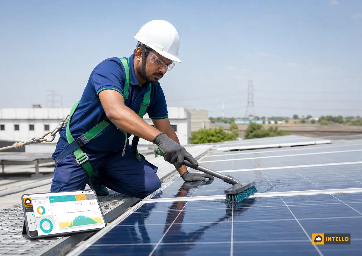 Solar maintenance technician cleaning panels with proper equipment, monitoring tablet nearby. Photorealistic photo of a professional solar maintenance technician in uniform wiping down a solar panel with a soft brush and water on a