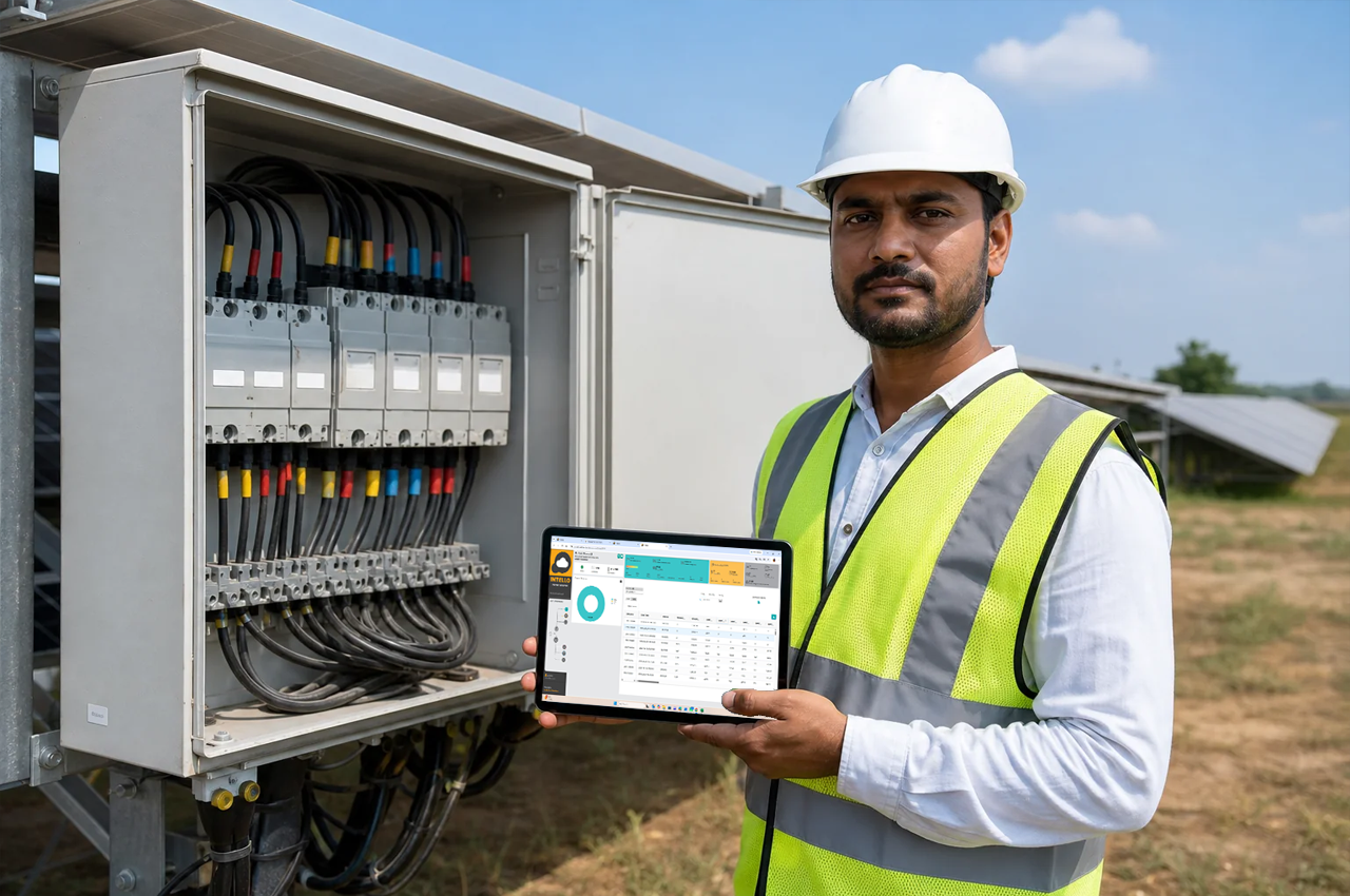 O&M crew performing preventive maintenance on inverter with tools and checklist. photorealistic: Two solar maintenance technicians in navy blue uniforms performing preventive maintenance on a string inverter cabinet, one tightening