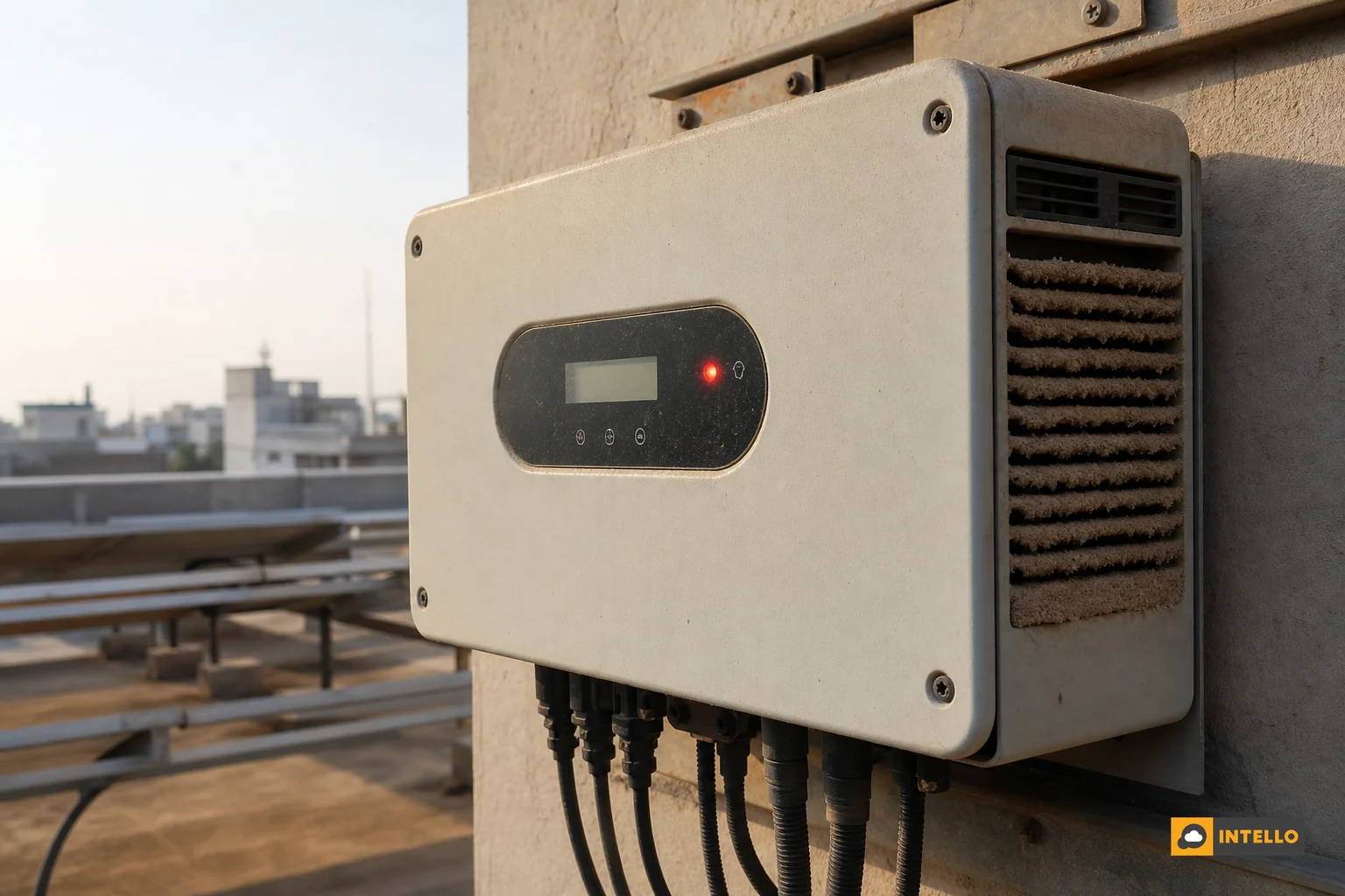 Close-up of an overheated solar inverter with visible dust buildup and warning indicator. photorealistic: Close-up shot of an outdoor solar inverter unit mounted on a wall, cooling vents visibly clogged with dust, a small red warning light